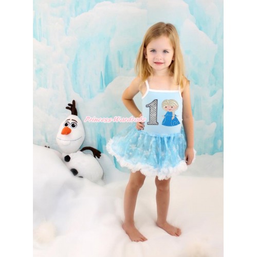 Frozen Princess Elsa Light Blue Sparkle Bling Snowflakes ONE-PIECE Halter Dress With 1st Sparkle White Birthday Number & Princess Elsa Print LP73